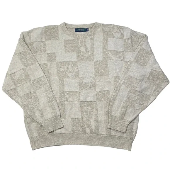 Vintage 3D Knit Men's Sweater Golf Theme Cream XL Made in USA by Carmel Grandpa - Picture 1 of 10